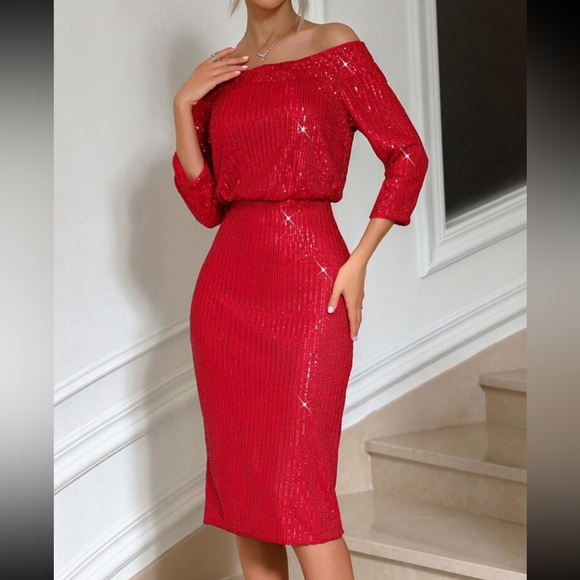 Luxe off shoulder slit thigh midi sequins dress - Picture 3 of 6